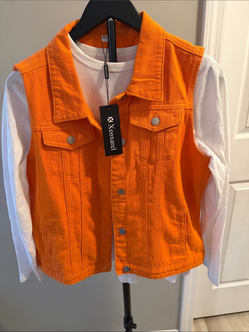 Woman’s Bright Orange Denim Vest Jacket by